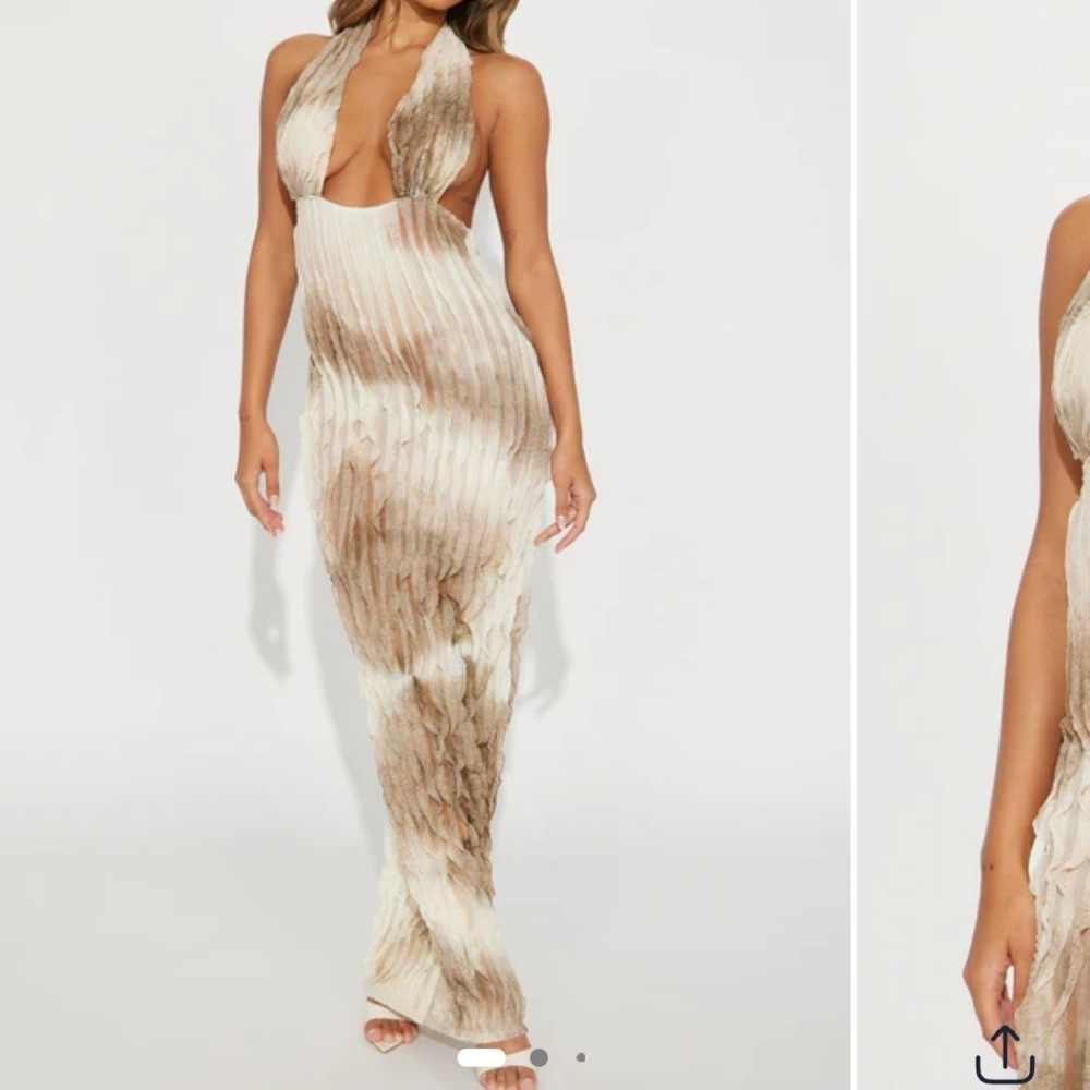Fashion Nova Cream and Brown Halter Maxi Dress